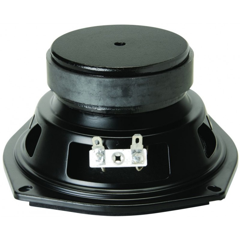En svart högtalare med rund magnet och anslutningar.