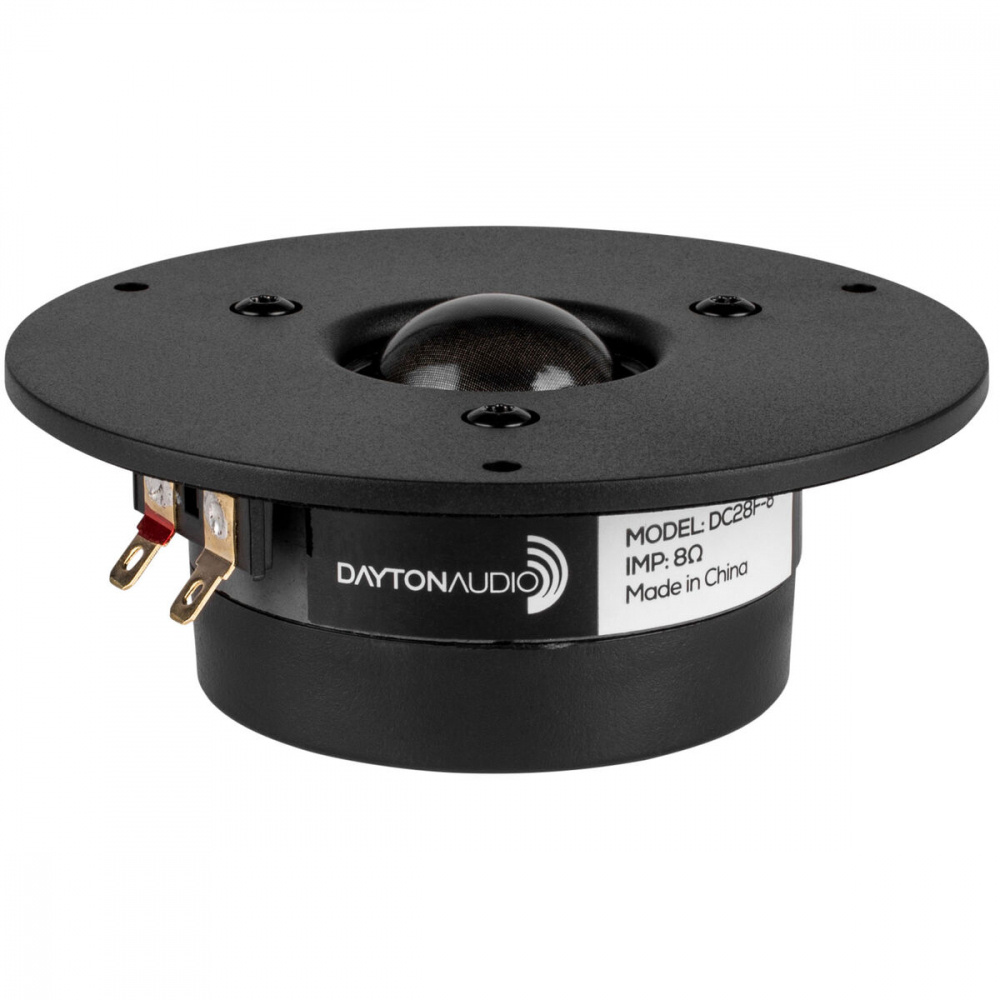 Diskant med rund bas, anslutningar och märkning för Dayton Audio DC28F-8.