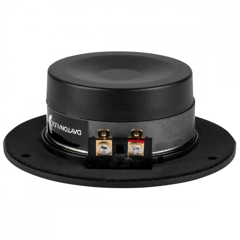 En rund diskant med anslutningspunkter, svart och silverfärgad.