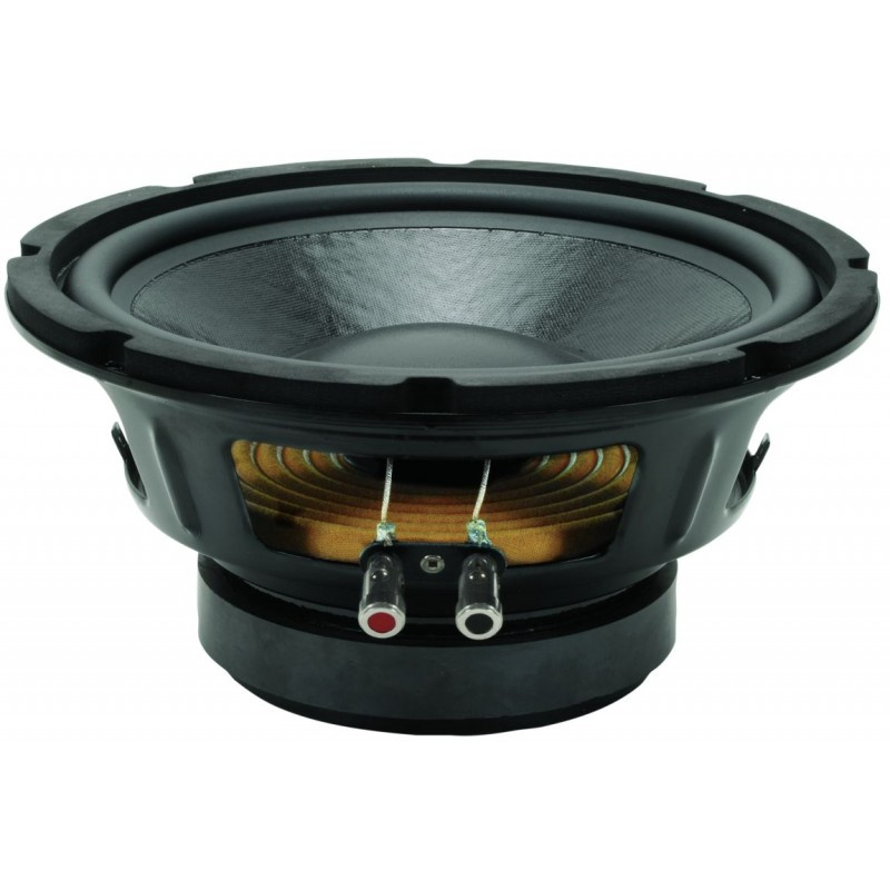 En 10-tum högtalare med svart ram och anslutningar bak.