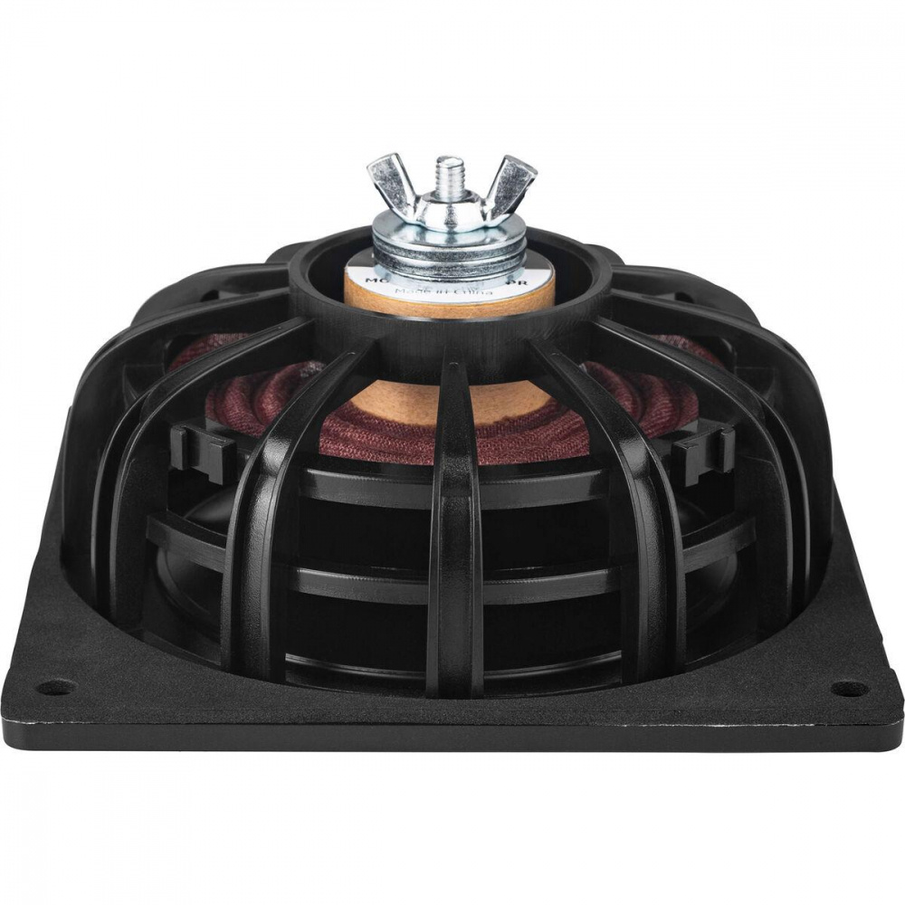 En svart slavbas i metallgaller, rund högtalarelement med anslutningar.