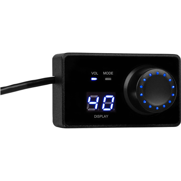 Trådad kontroll med knappar för volym och läge, LED-display.