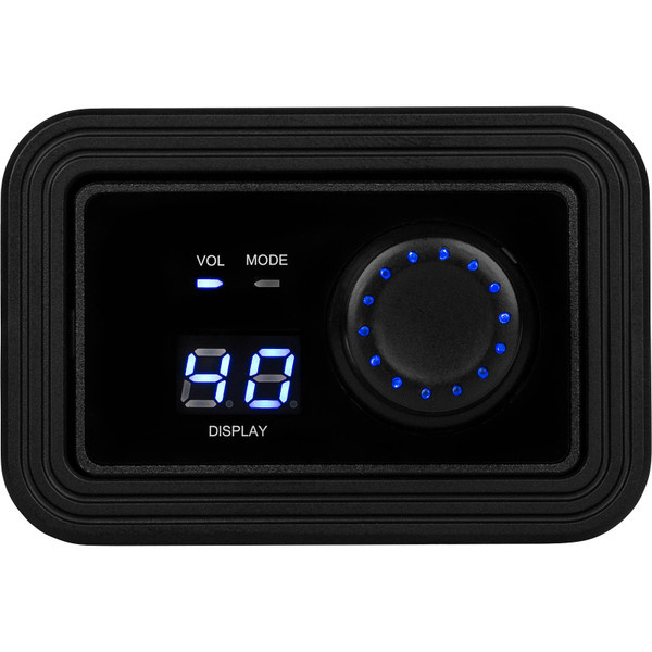 Kontrollpanel med volymratt och display för Dayton Audio DSP-408.