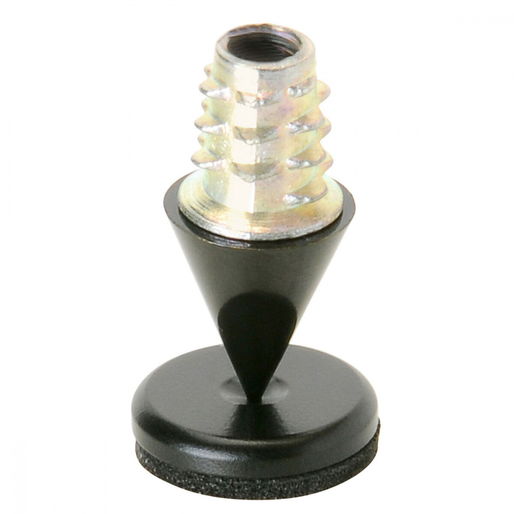 Svarta spikes för ljudutrustning, fyra stycken, med gänga och gummiyta.