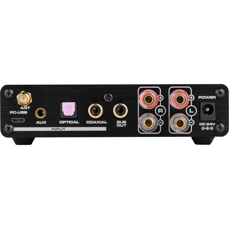 Anslutningar för ljudingångar och utgångar på en mikroförstärkare.