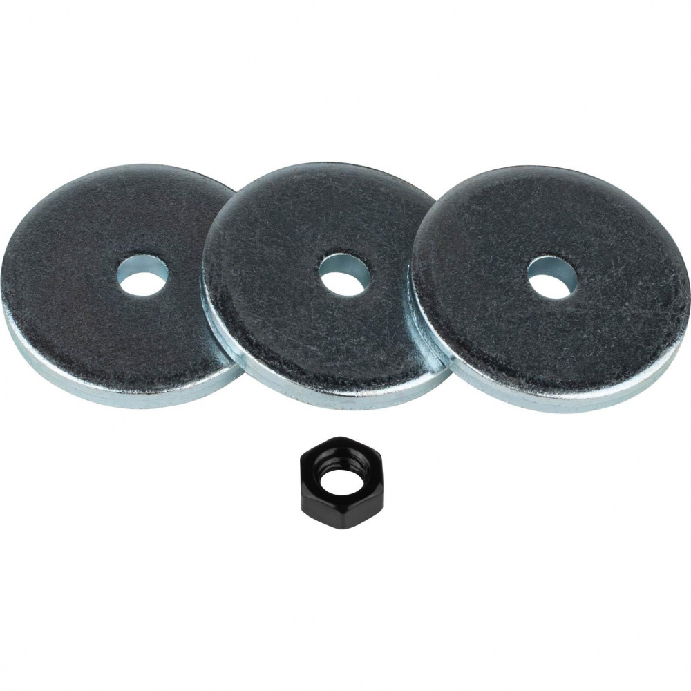 Tre metallskivor och en mutter för installation av slavbas.
