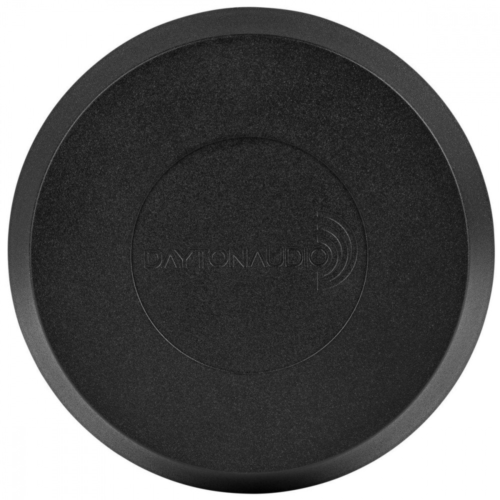 Rund, svart exciter med datum med logotyp för Dayton Audio.