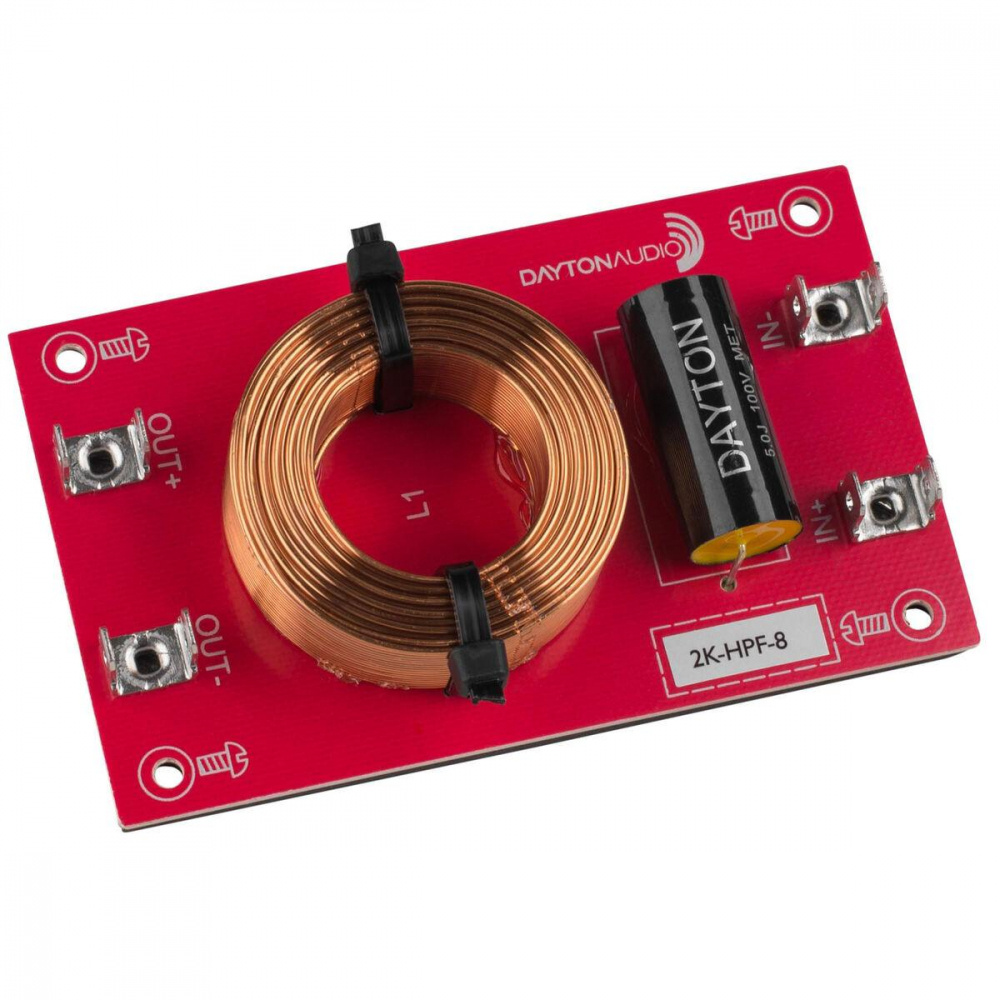 Högpassfilter med kopparspole och kondensator för ljudsystem.