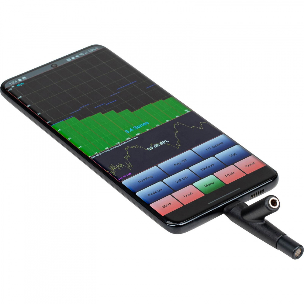 Mätmikrofon kopplad till smartphone med grafisk analys av ljuddata.