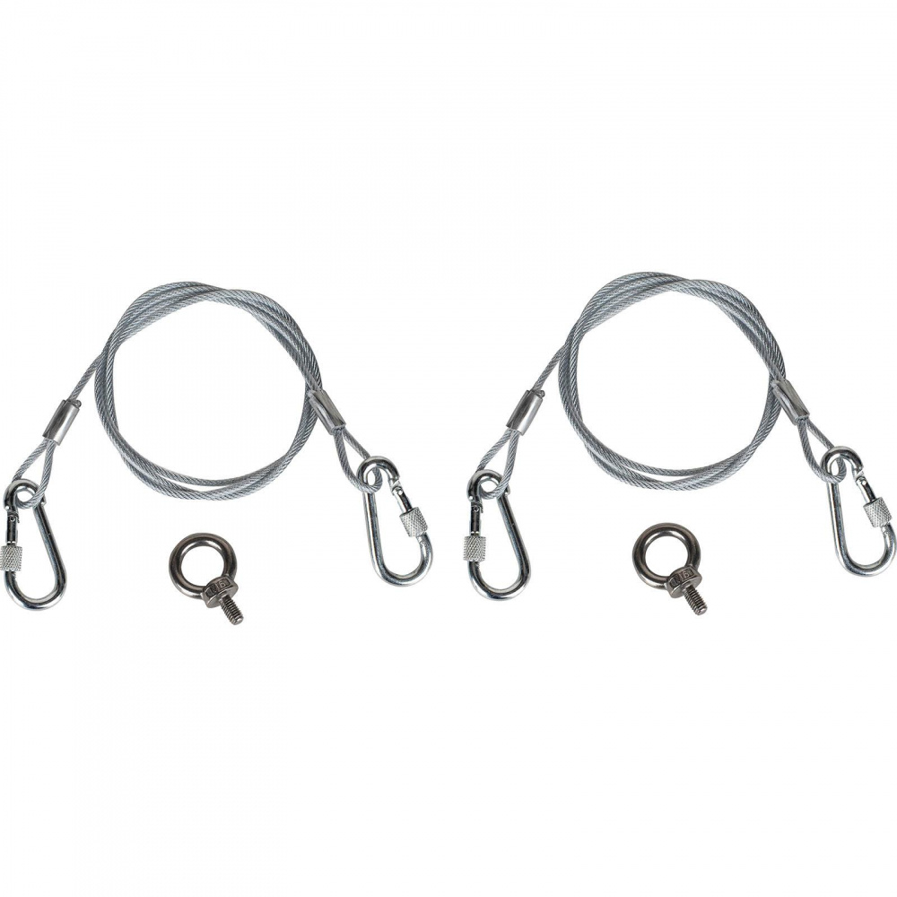 Kabelset för upphängning av högtalare, inklusive karbinhakar och fästen.