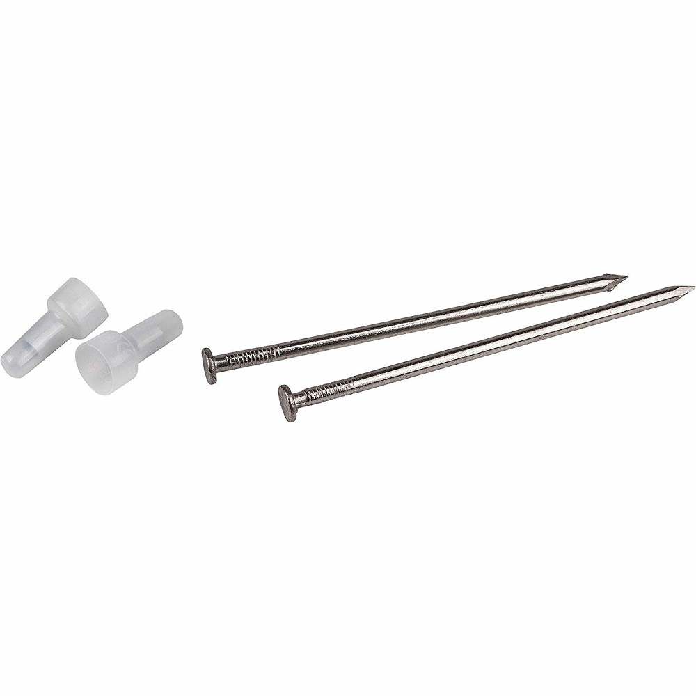 Tillbehör för installation av baslåda, inklusive spikar och fästen.