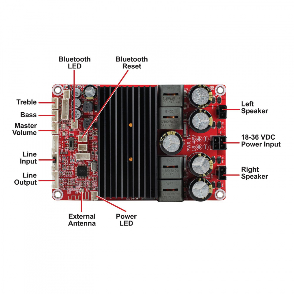 Förstärkarkort med Bluetooth, volymkontroll och ingångar för högtalare.