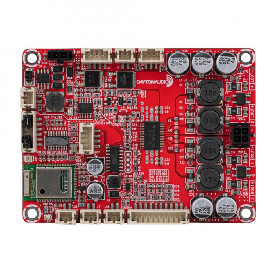 Klass D-förstärkarkort i röd färg med Bluetooth-funktioner.