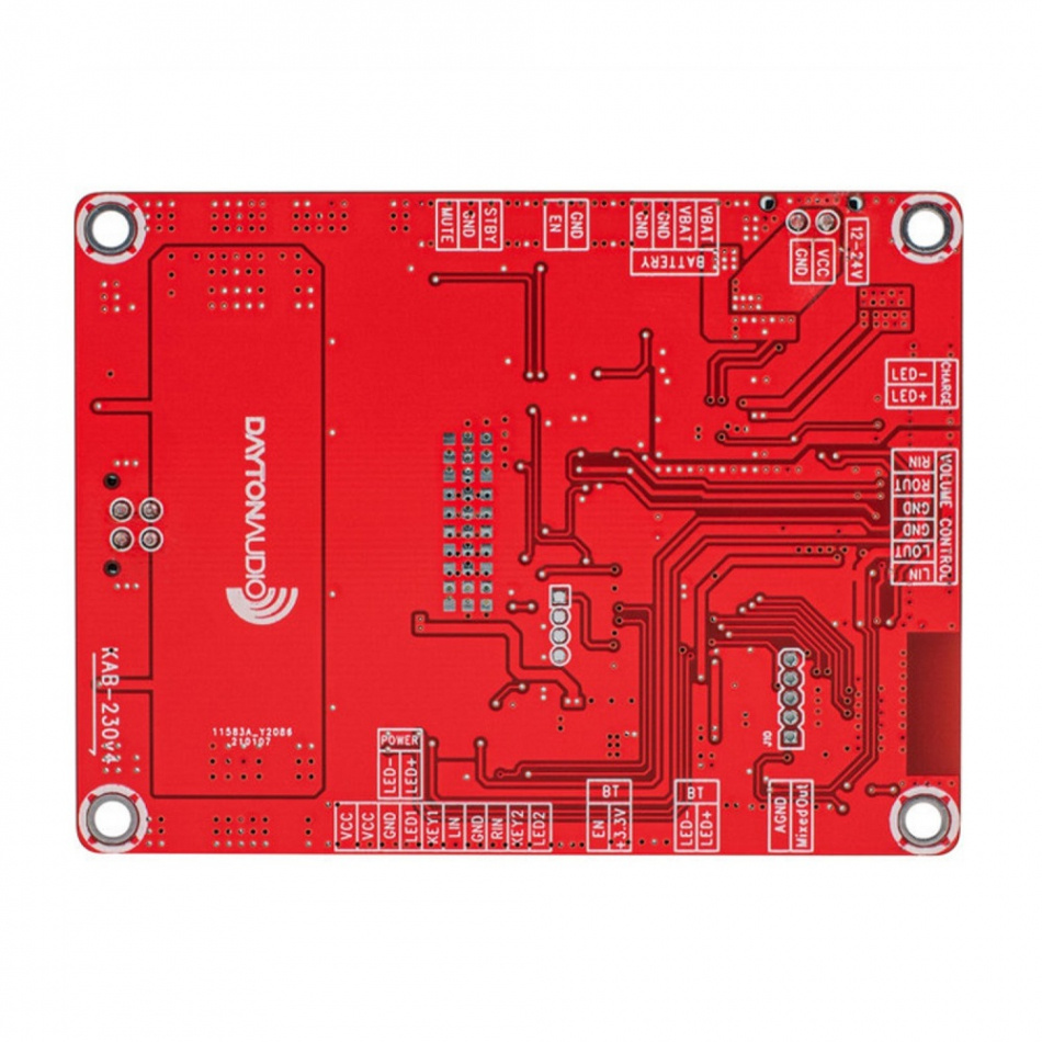 Röd kretskort med Bluetooth, designad för Dayton Audio KAB-230 v4 klass D-förstärkare.