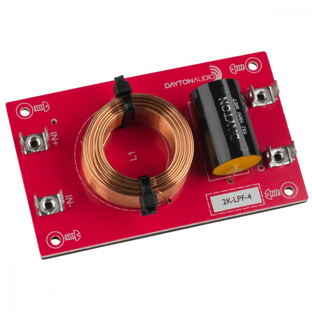 Lågpassfilter på kort med spole och kondensator, röd färg.