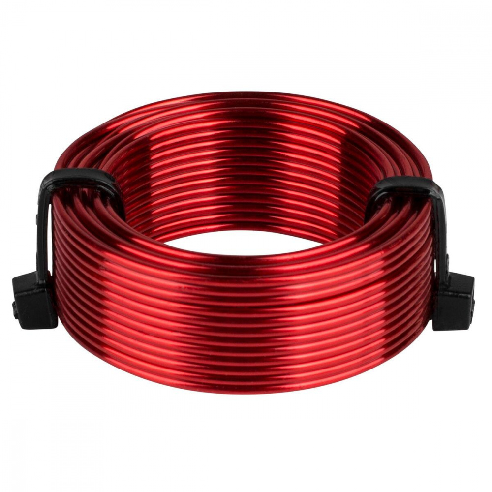 Röd induktor med kablage, rund spool design, används i ljudsystem.