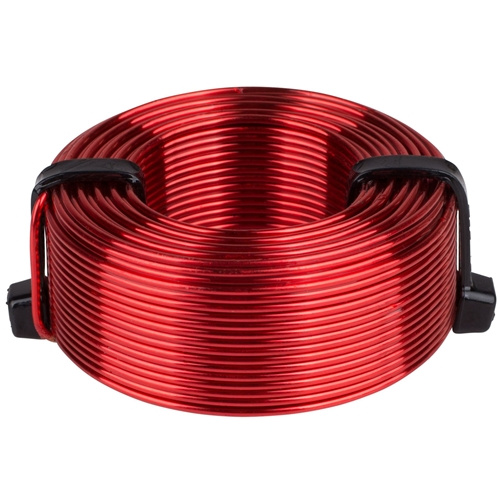 En röd spole i plastfäste, används för crossover i ljudsystem.