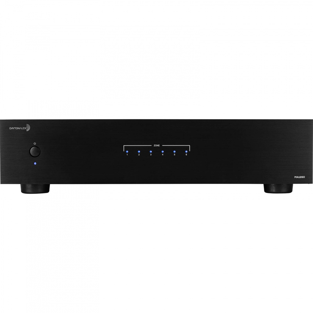 En svart multiroomförstärkare med flera knappar och LED-lampor.