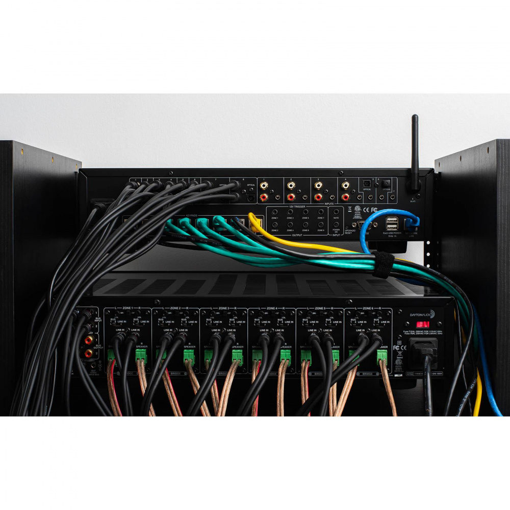 Multiroom-försteg med flera anslutningar och kablage för 8 zoner.