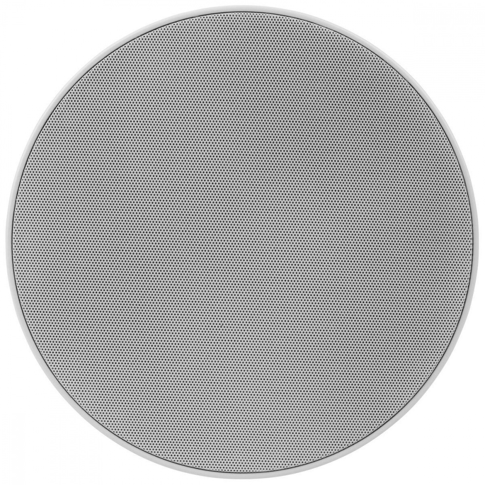 Rund inbyggnadshögtalare med nätgaller i grått.
