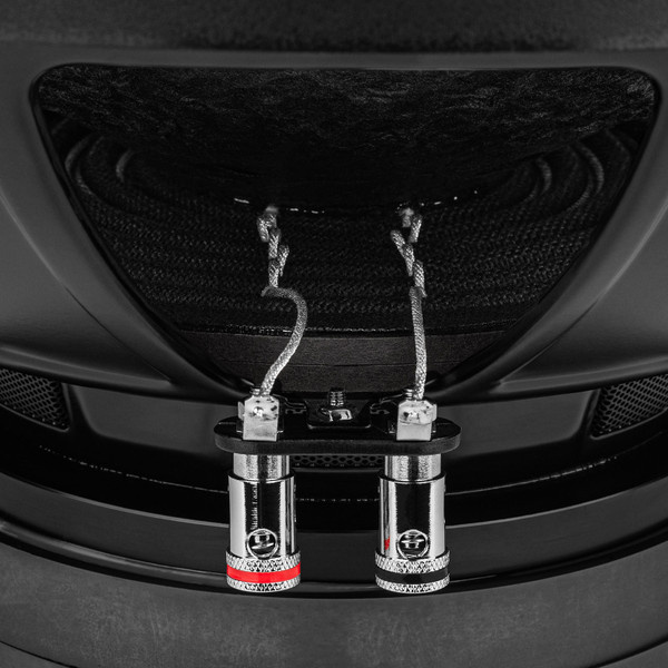 Två anslutningar för högtalarkablar på ett baselement.