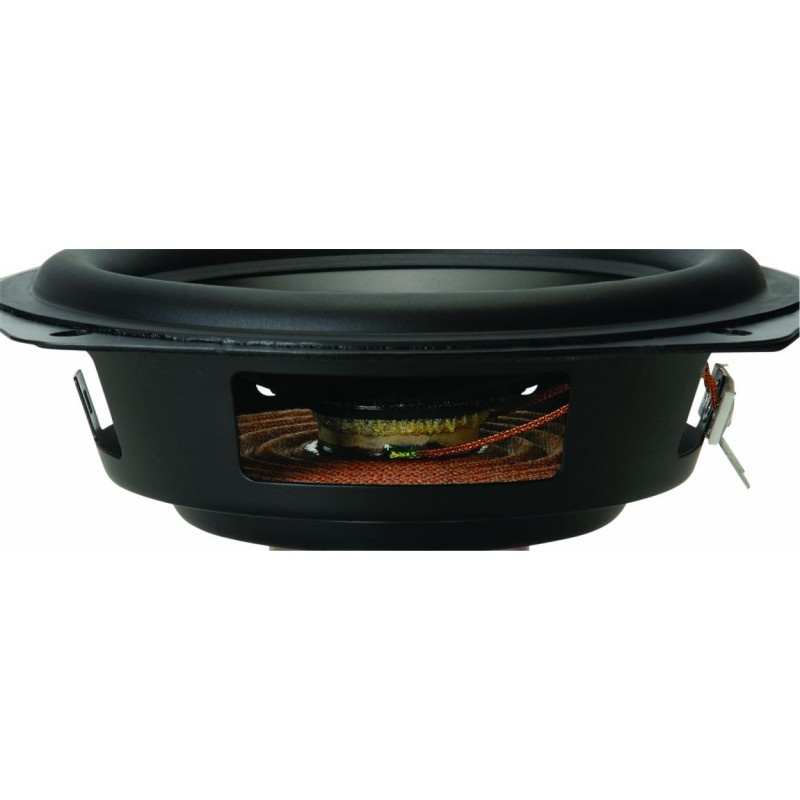 En högtalare med svart ram och synlig membranstruktur.