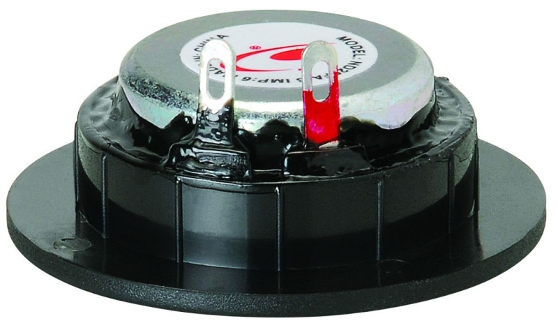 Högtalarelement med rund bas och metalldel ovan.