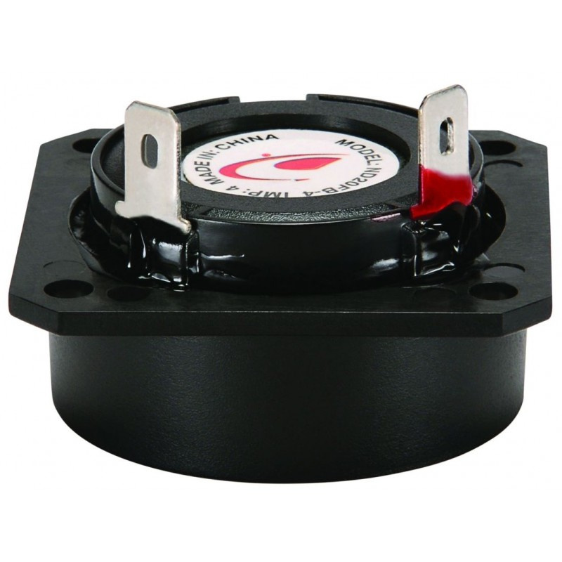 En liten högtalare med metallfästen och svart hölje.