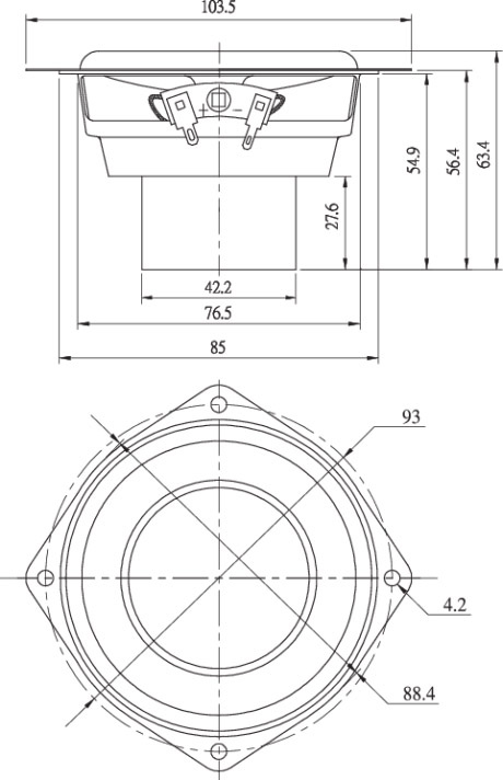 Konstruktionsritning av Dayton Audio ND91-4 högtalare. Visar mått och detaljer.