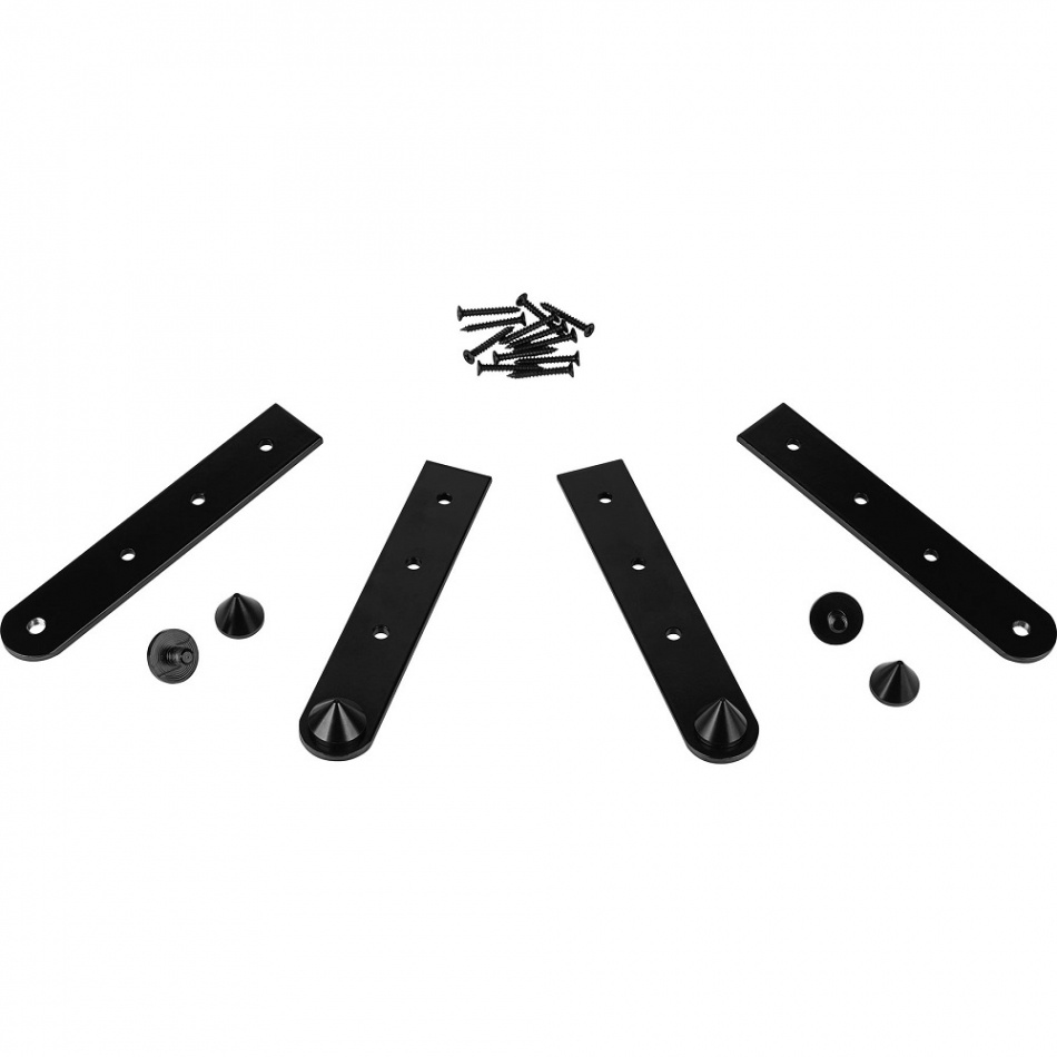 Fyrtal svart metalluttag med skruvar och gummifötter för stabilisering.