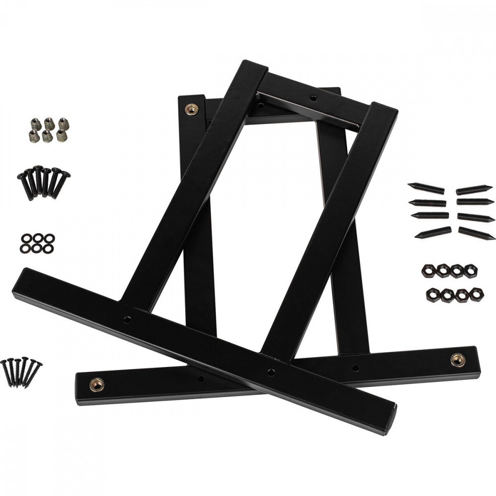 Svart stativset för högtalare, inklusive monteringsdetaljer.