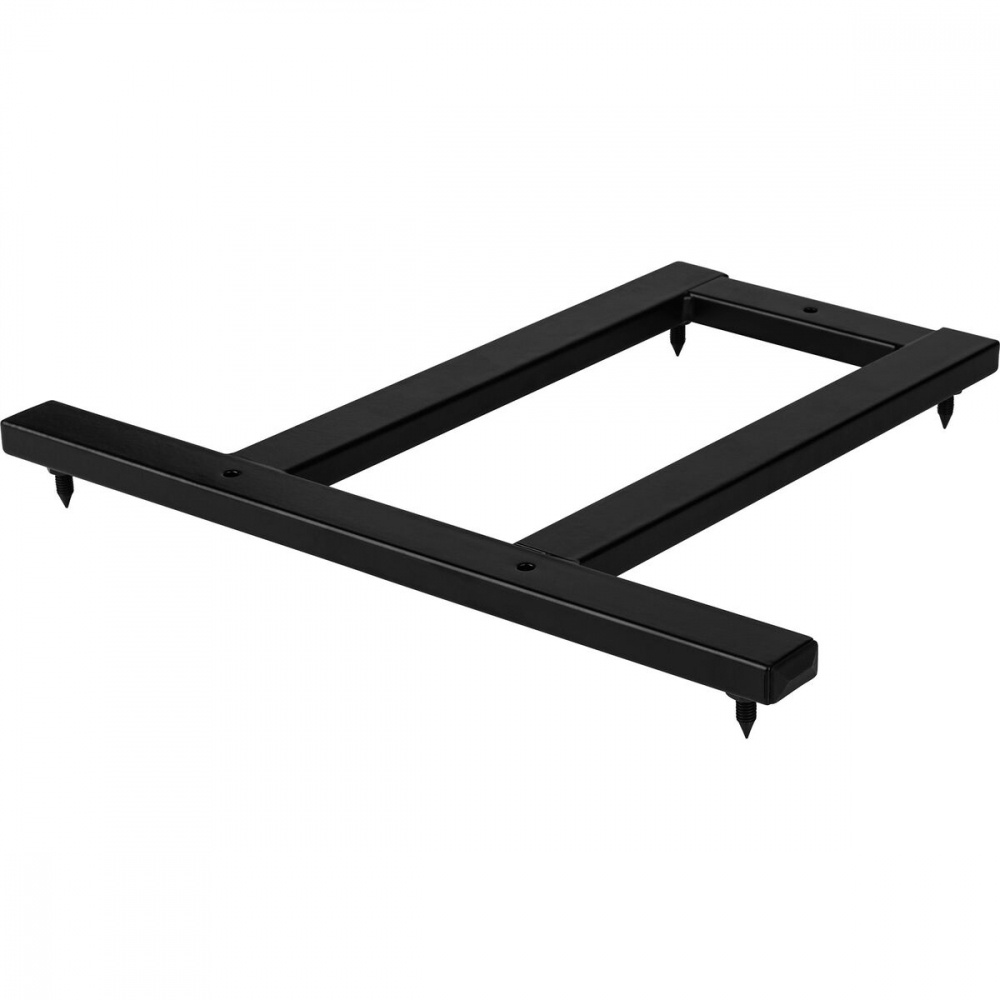 Högtalarställ i svart, med justerbara fötter för stabil placering.