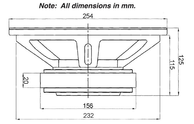 Diagram av Dayton Audio PA255-8, 10-tums midbas med mått.