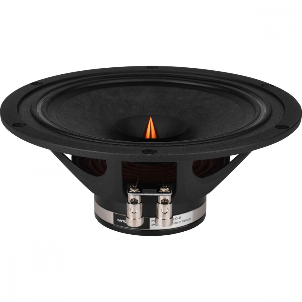 En 8-tums fullregisterhögtalare med dubbla terminaler och konisk membran.