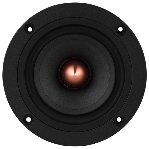 En rund svart högtalare med en kopparfärgad diskantkåpa i mitten.