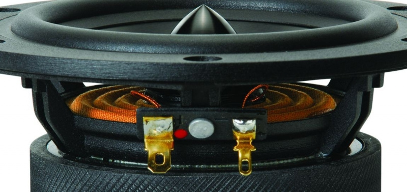 En högtalare med kon och kablage.