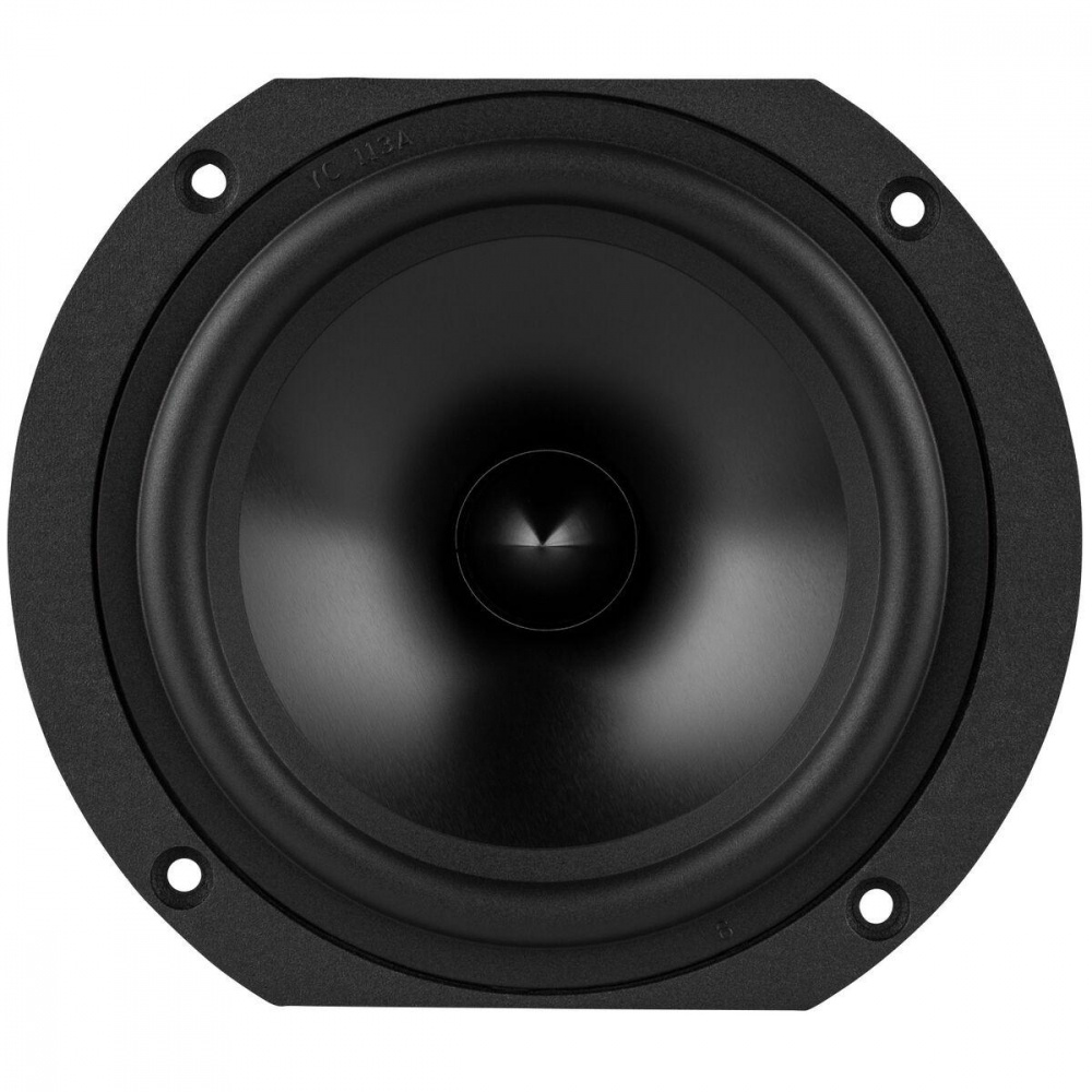 En svart 6-tums midbas med kon och monteringshål.