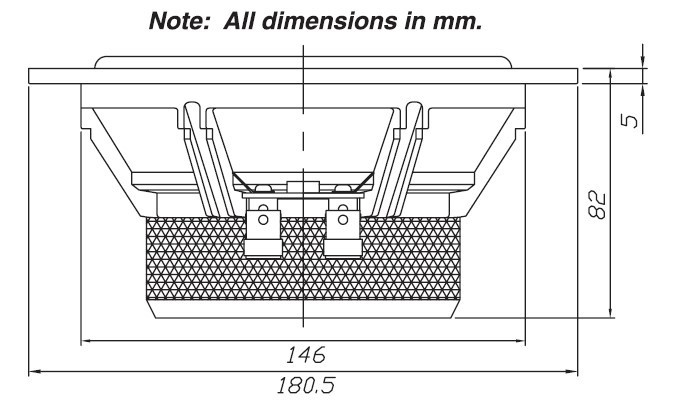 En teknisk ritning av Dayton Audio RS180-4 med mått och detaljer.