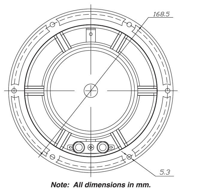 Diagram av en högtalare med mått och anslutningar.