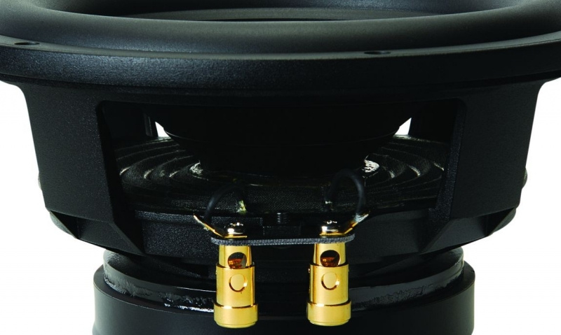 Högtalarelement med svart ram och guldpläterade anslutningar.