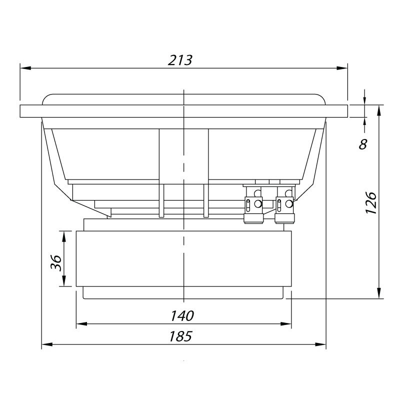 Måttskiss av högtalare, inklusive dimensioner och anslutningar.