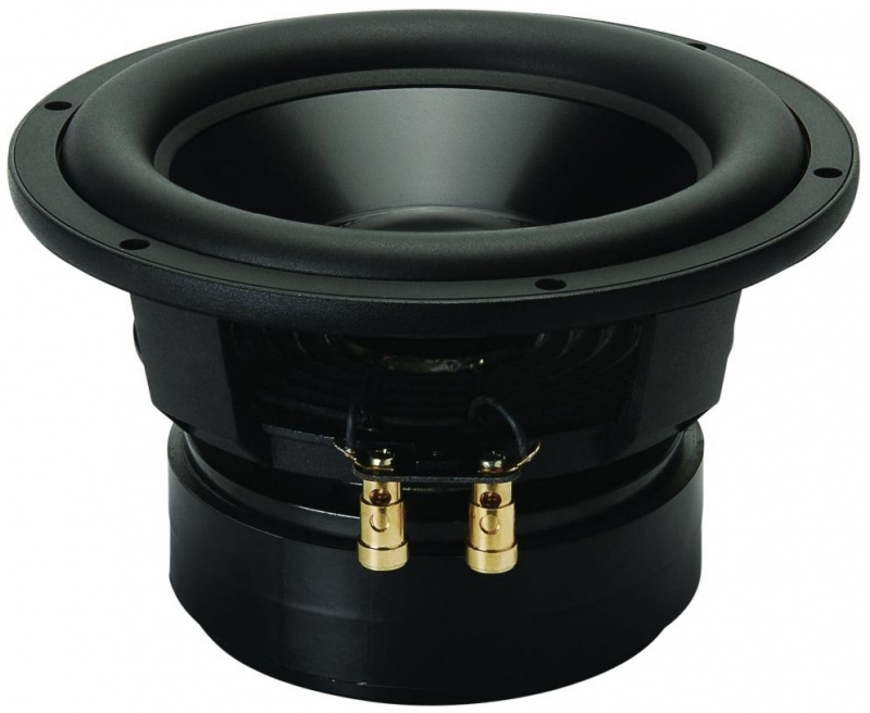 En svart högtalare med en kraftig membran och anslutningar.