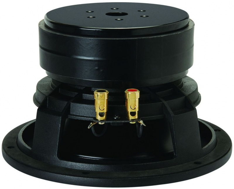 En svart subwoofer med anslutningar på baksidan.