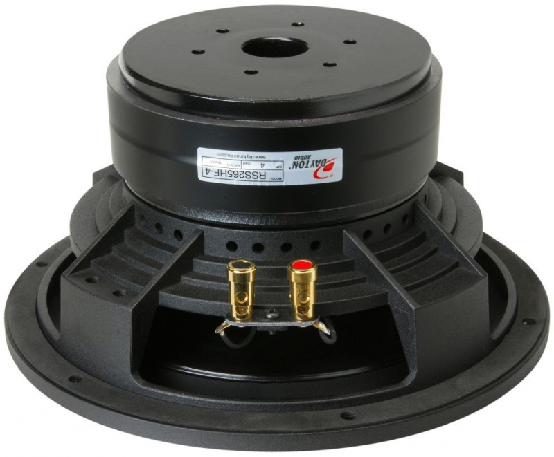 En svart högtalare med två terminaler och en robust bas.