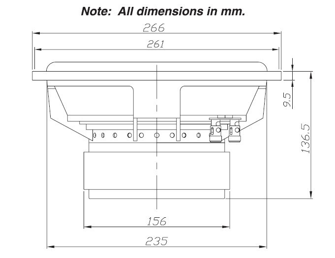 Teknisk ritning av Dayton Audio RSS265HF-4-högtalare med mått.
