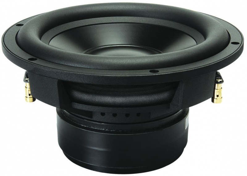 En svart subwoofer med robust design och kraftig membran.