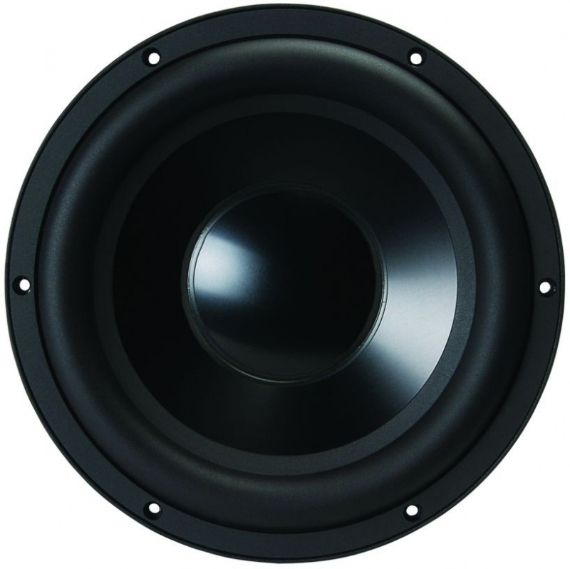 En rund högtalare med en svart membran och en glänsande mittkåpa.