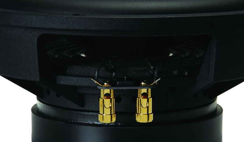 En detaljerad bild av en högtalare med anslutningar och koaxialdesign.