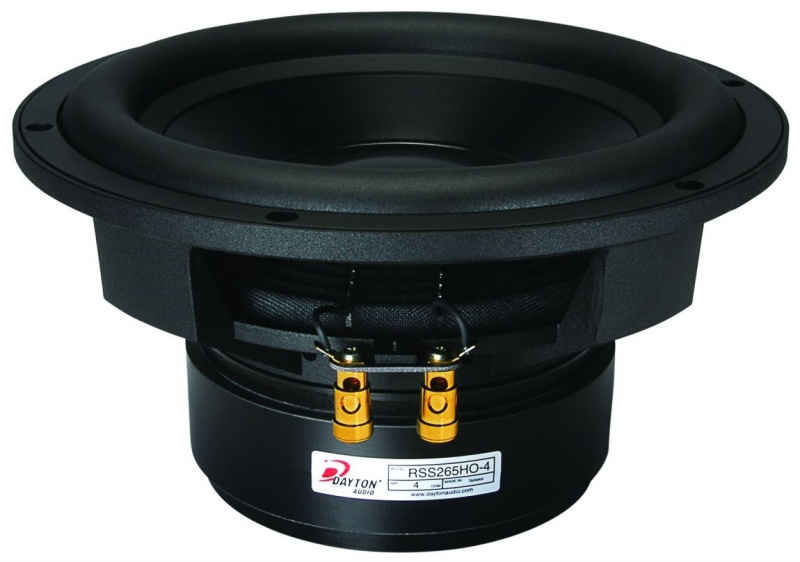 En rund subwoofer med svart kon och flera anslutningar.