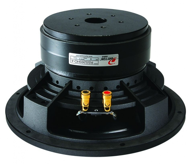 En subwoofer med svart chassi och två anslutningar.